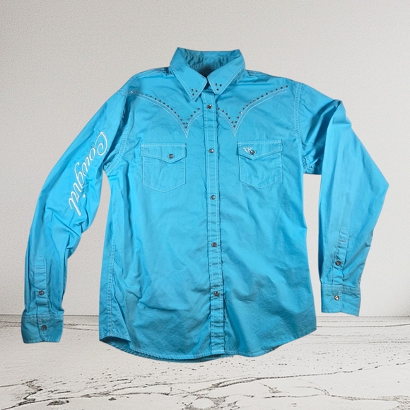 Cowgirl Hardware Blue Button Down Shirt With Rhinestone Embellishments Size XL - Picture 1 of 9